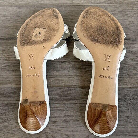Louis Vuitton Sz 38.5 US 8.5 LV Logo White Patent Leather Slide Sandals Italy - Picture 8 of 11